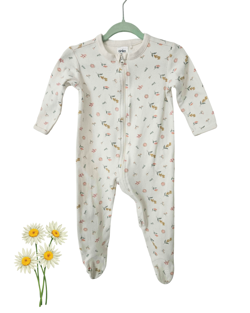 2 Pack Baby Zipper Onesies Size 00 | Soft Cotton Footed Sleepsuits | Neutral Floral Print