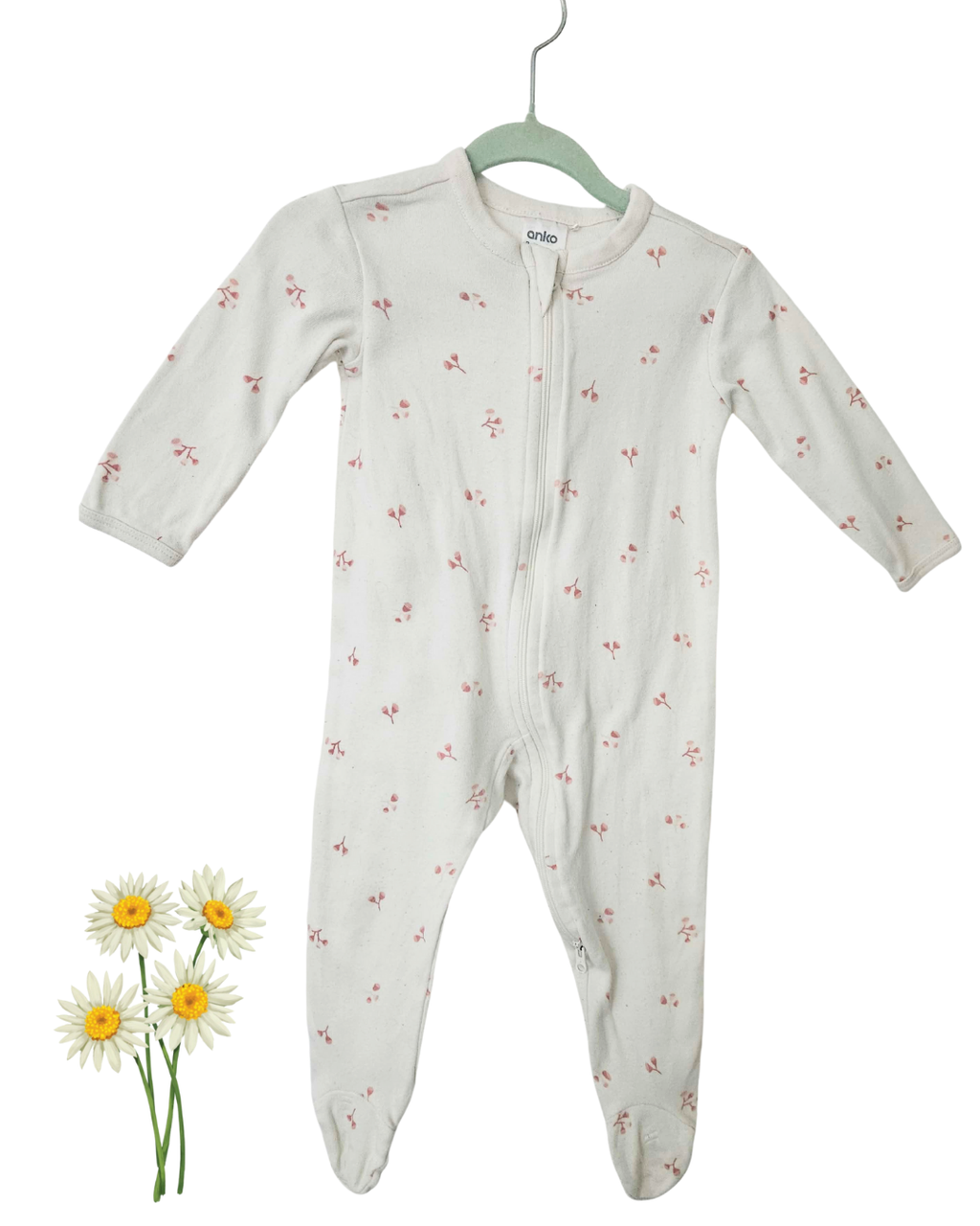 2 Pack Baby Zipper Onesies Size 00 | Soft Cotton Footed Sleepsuits | Neutral Floral Print