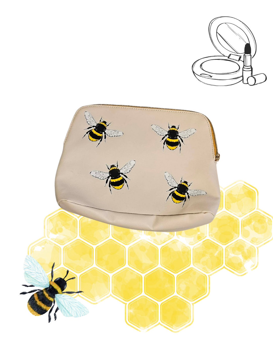 Bee Print Makeup & Toiletries Bag – Cream & Honey Yellow Zip Pouch
