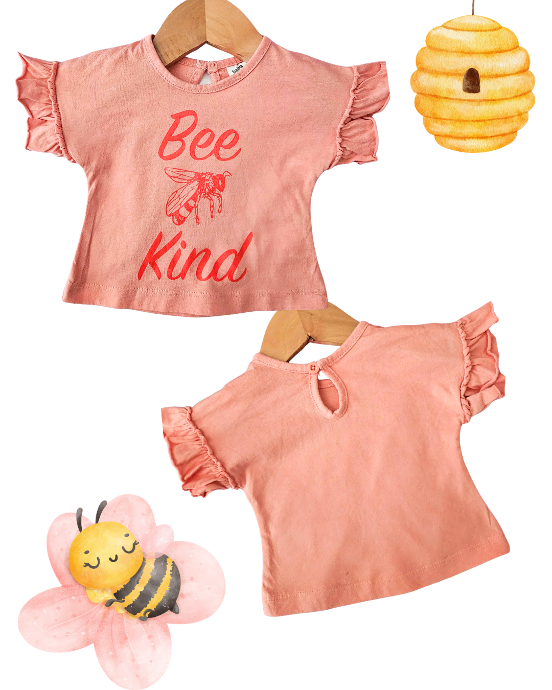 Baby Girl Size 0000 “Bee Kind” Pink Tee | Short Sleeve Ruffle Top