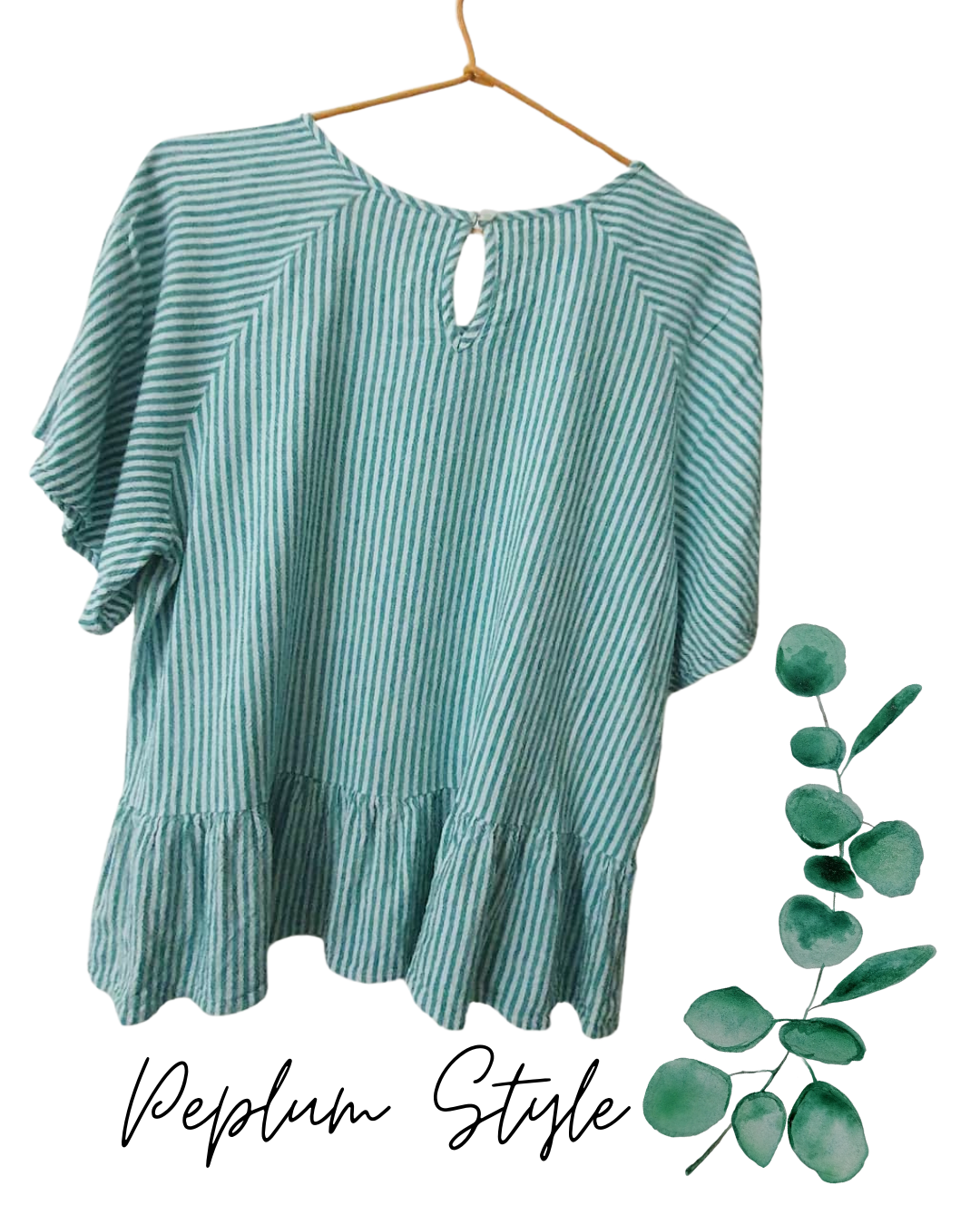 Green & White Striped Peplum Top – Flutter Sleeve – Size 14