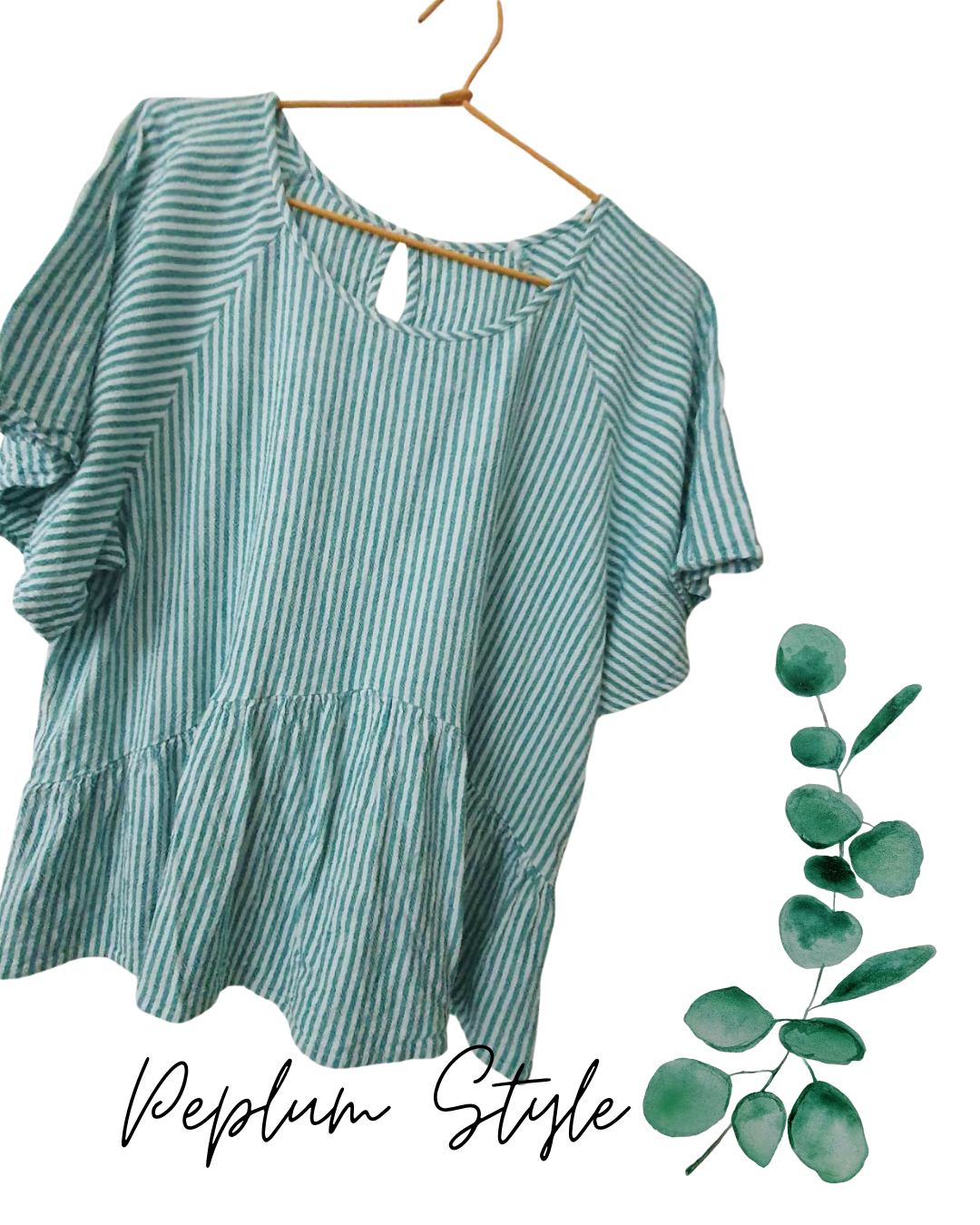 Green & White Striped Peplum Top – Flutter Sleeve – Size 14