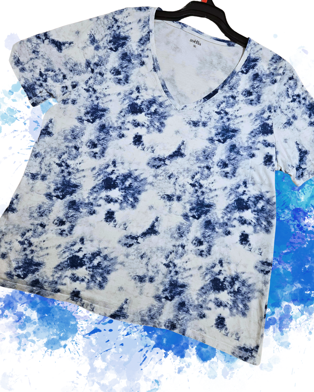 Avella Women’s Tie-Dye V-Neck Top | Size 16 | Blue & White | Excellent Condition