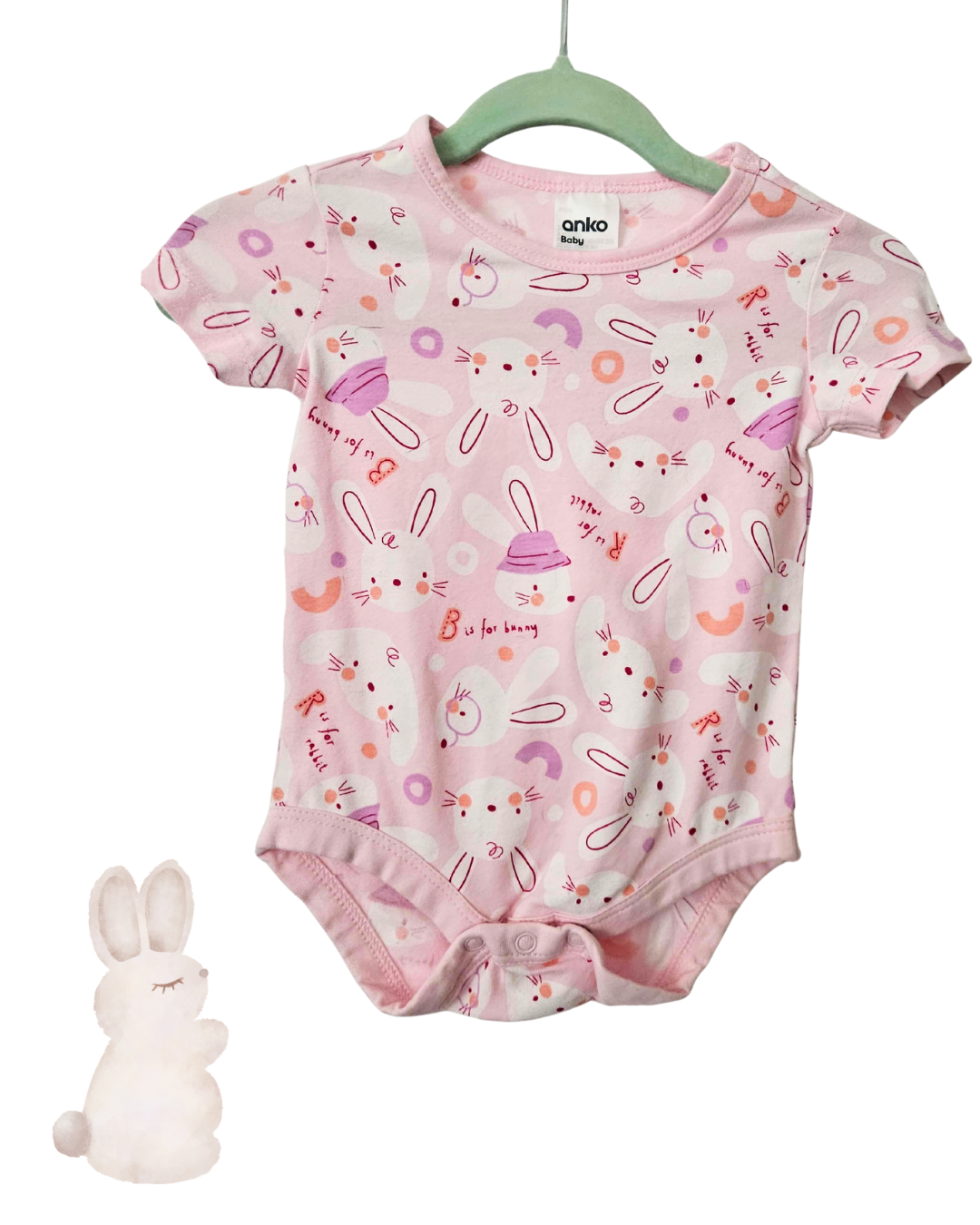 Anko Baby Size 000 Pink Bunny Bodysuit | Short Sleeve Cotton Onesie