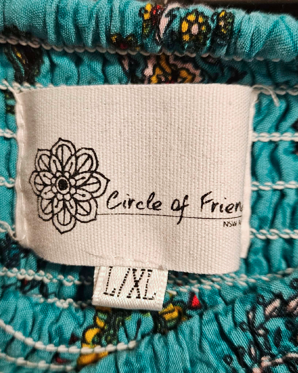 Circle of Friends Boho Maxi Skirt L–XL | Teal Floral Tiered Skirt with Smocked Waist