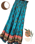 Circle of Friends Boho Maxi Skirt L–XL | Teal Floral Tiered Skirt with Smocked Waist