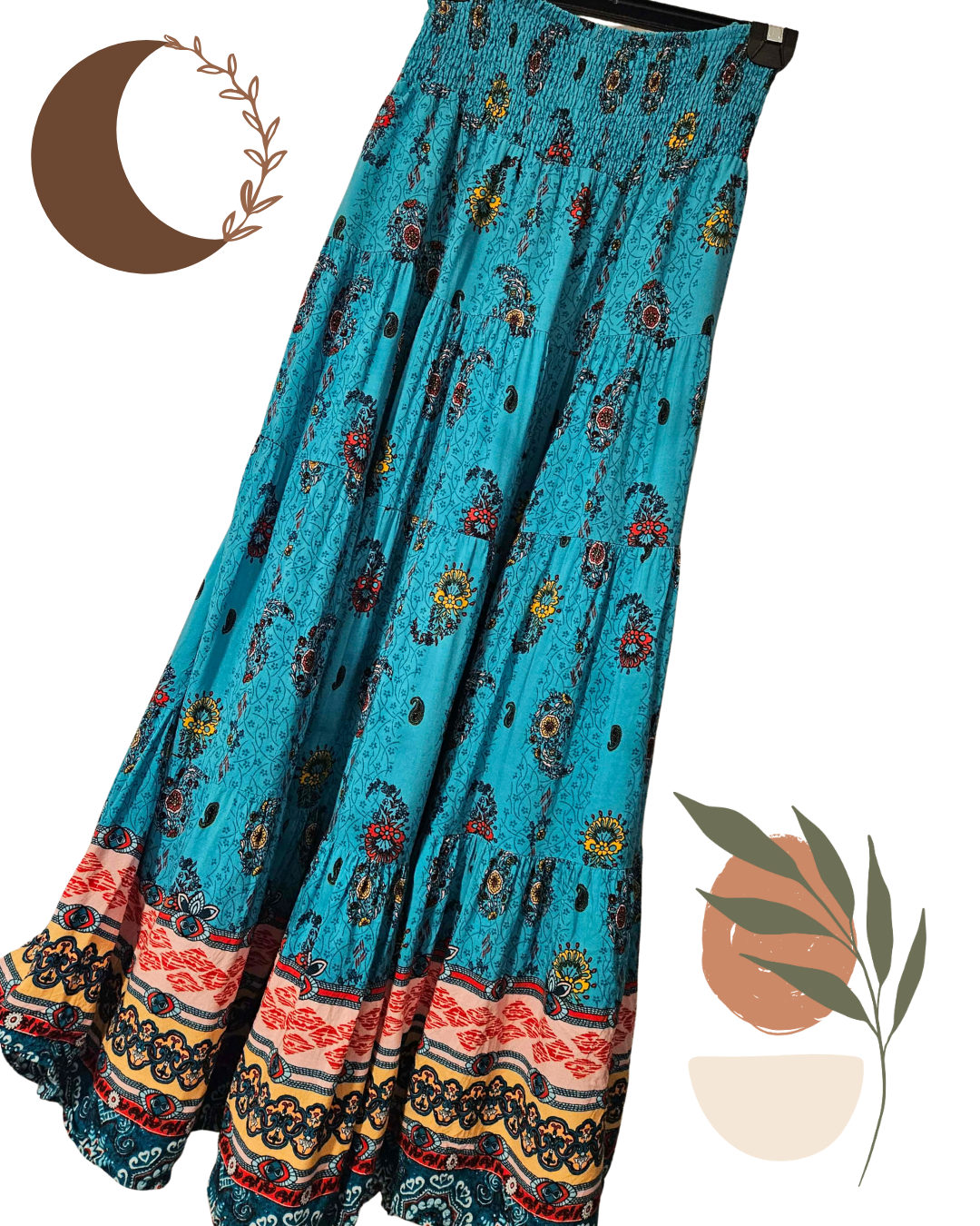 Circle of Friends Boho Maxi Skirt L–XL | Teal Floral Tiered Skirt with Smocked Waist