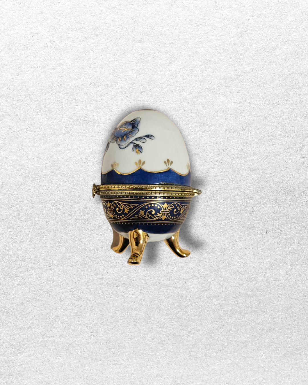 Vintage Porcelain Style Egg Trinket Box | Blue & Gold Floral Hinged Keepsake