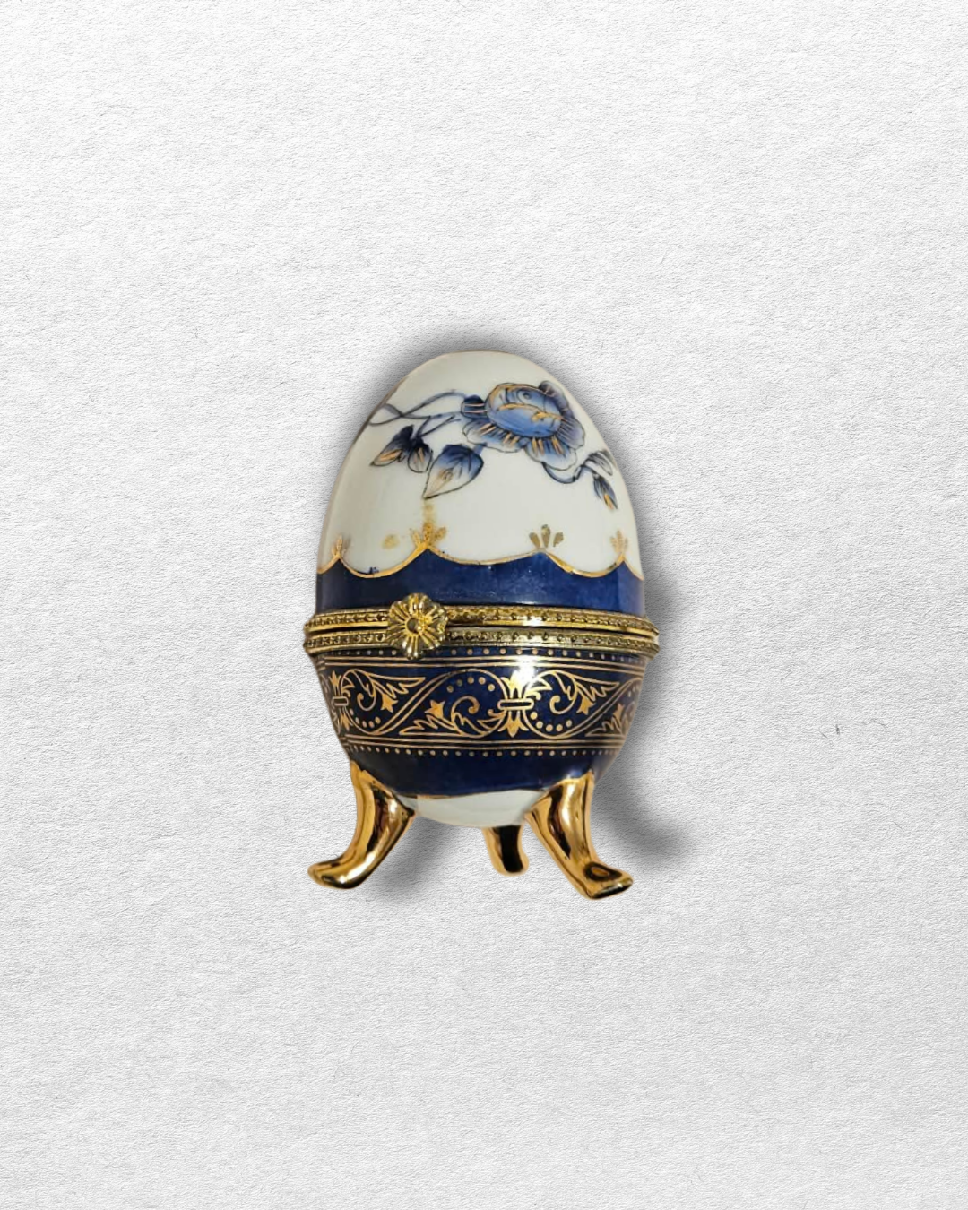 Vintage Porcelain Style Egg Trinket Box | Blue & Gold Floral Hinged Keepsake