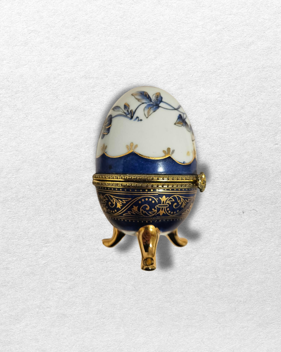 Vintage Porcelain Style Egg Trinket Box | Blue & Gold Floral Hinged Keepsake