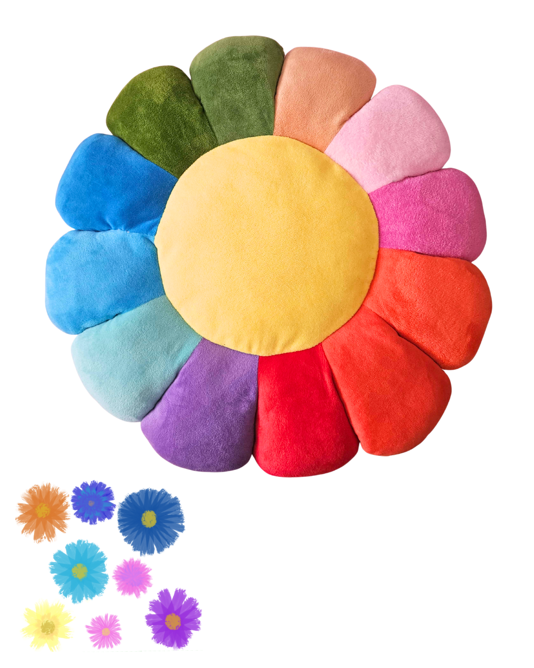 Emoji Flower Cushion Plush – Large Rainbow Smiley Pillow 48 × 48 cm