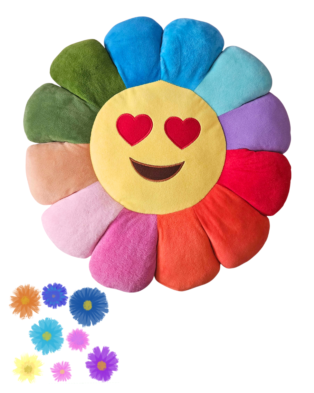 Emoji Flower Cushion Plush – Large Rainbow Smiley Pillow 48 × 48 cm