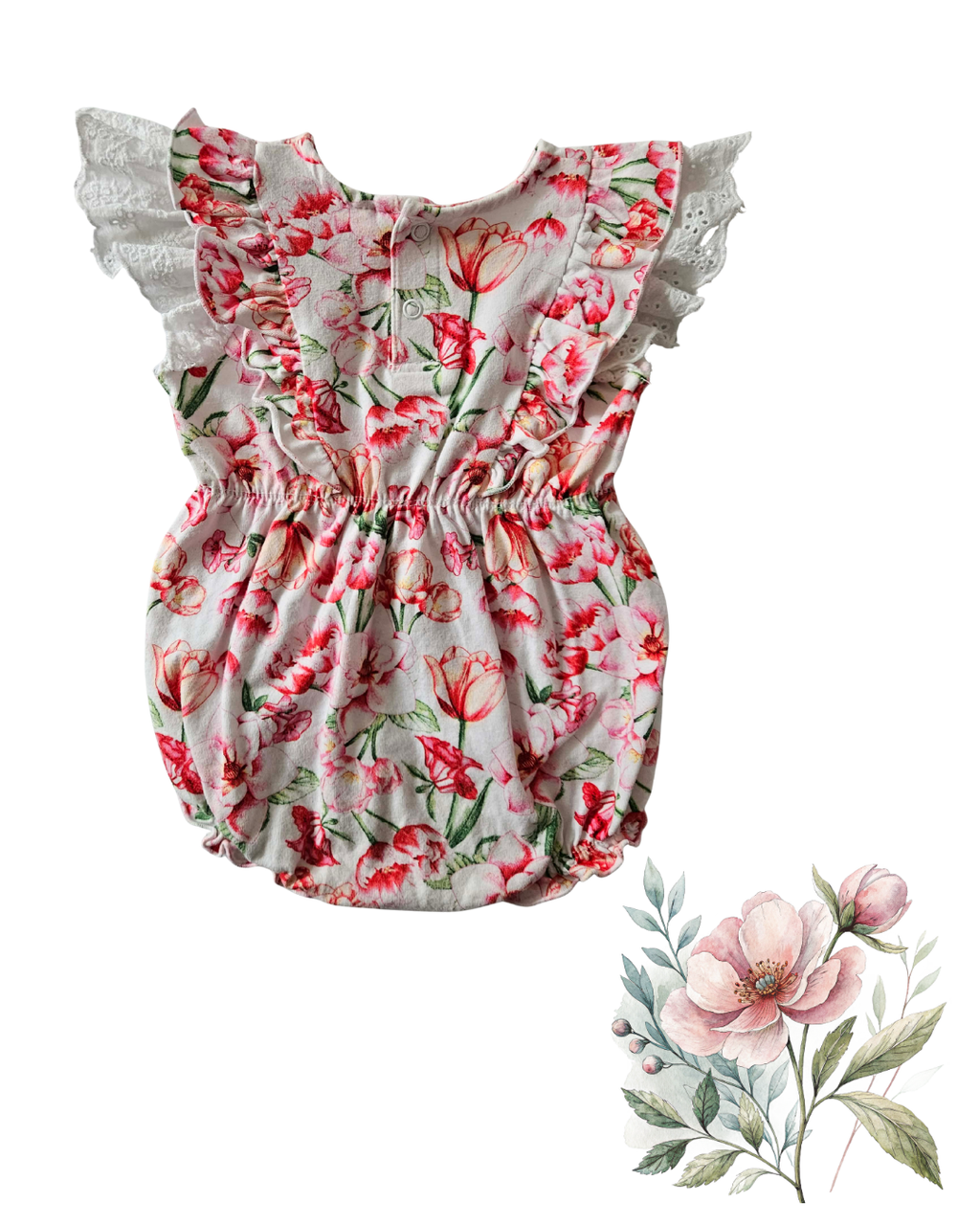 Baby Girl Floral Romper Size 0 with Lace Ruffle Sleeves | Soft Cotton Summer Playsuit