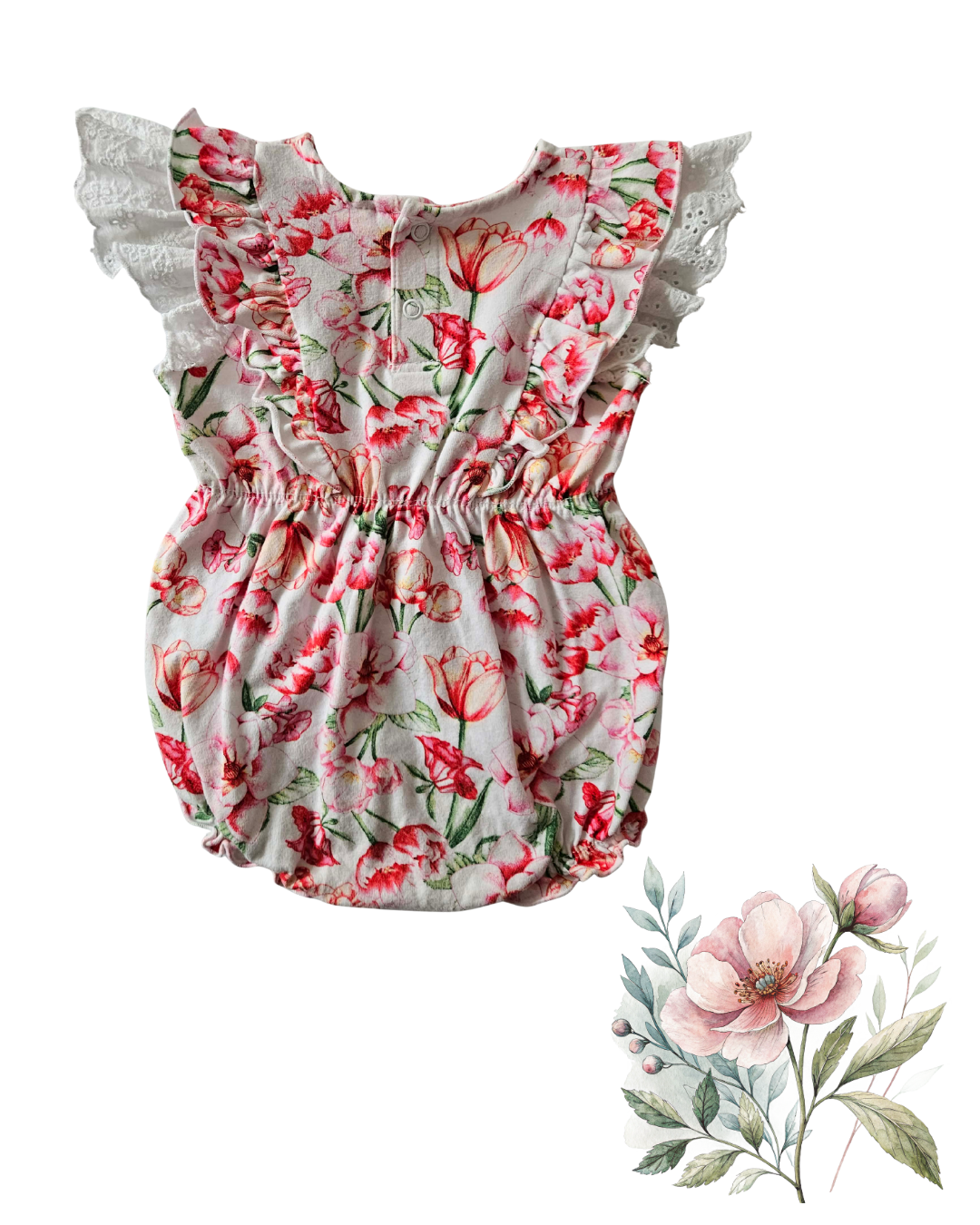Baby Girl Floral Romper Size 0 with Lace Ruffle Sleeves | Soft Cotton Summer Playsuit