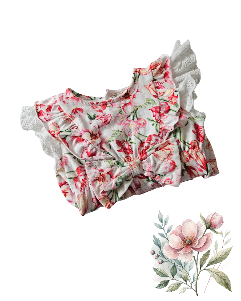 Baby Girl Floral Romper Size 0 with Lace Ruffle Sleeves | Soft Cotton Summer Playsuit