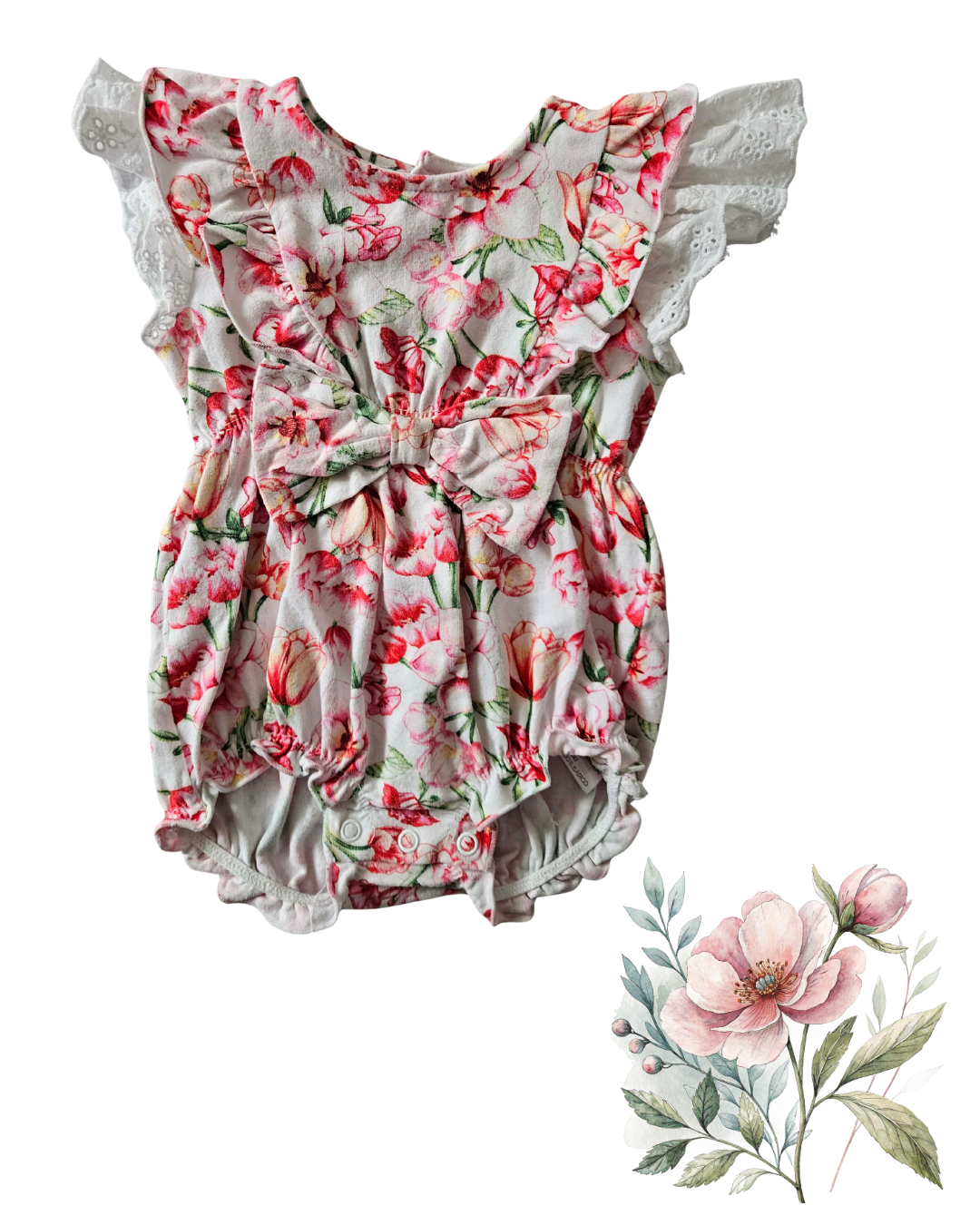Baby Girl Floral Romper Size 0 with Lace Ruffle Sleeves | Soft Cotton Summer Playsuit