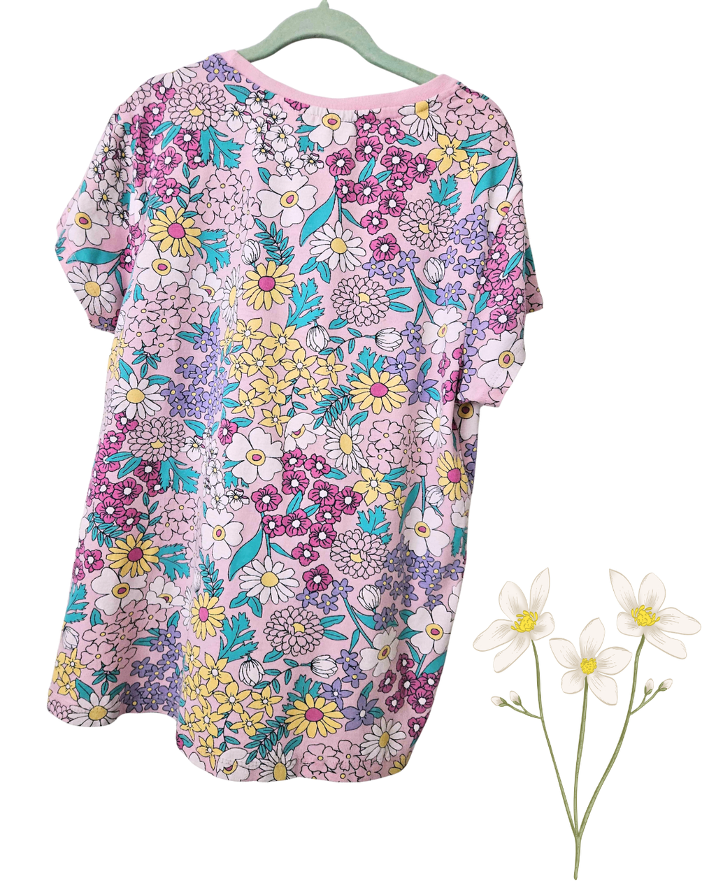 Girls Size 8 Floral Sleep Tee | Retro Flower Nightshirt | Soft Cotton Pyjama Top