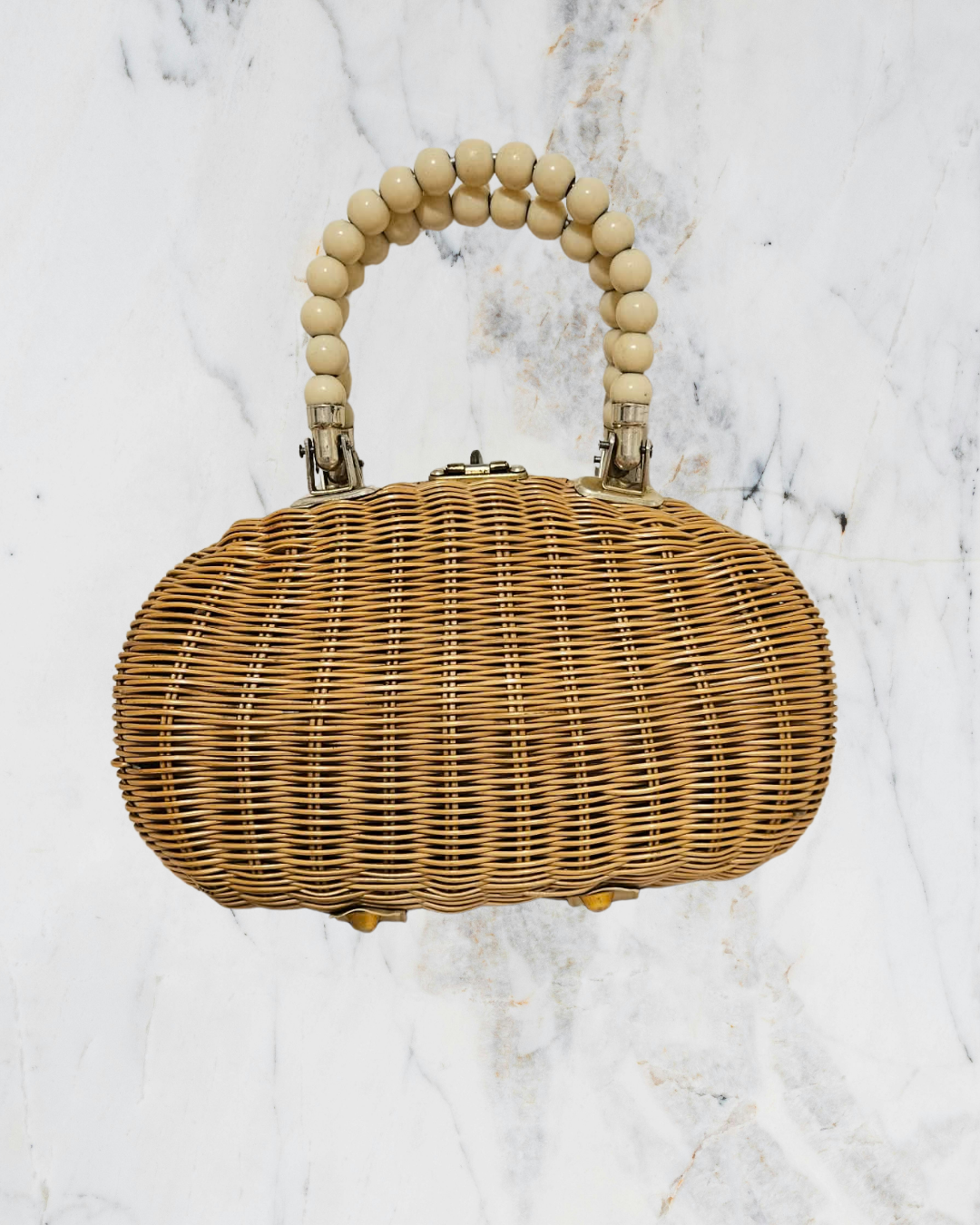 Vintage Wicker Handbag with Beaded Handle | Bamboo Basket Style Purse 1980's