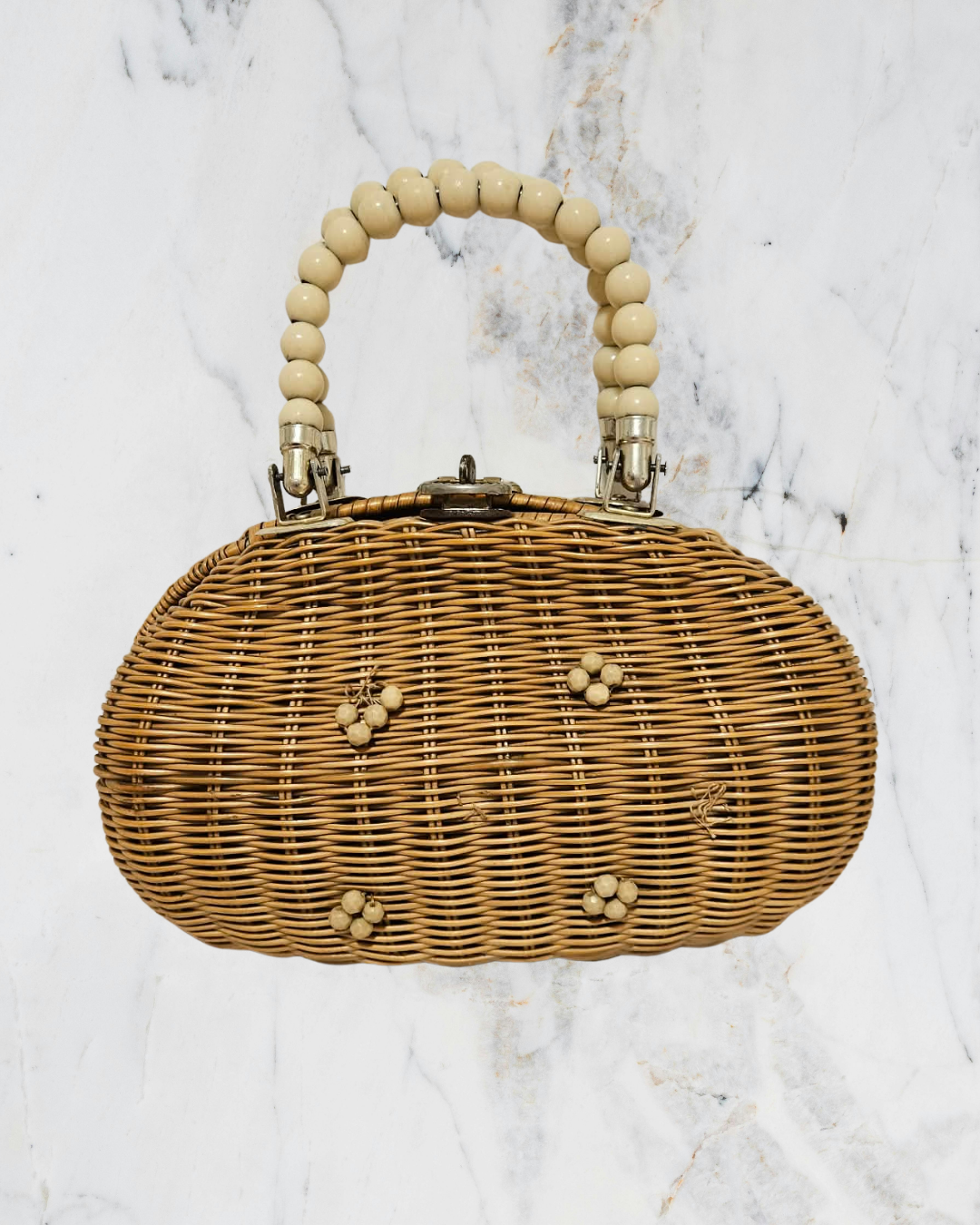 Vintage Wicker Handbag with Beaded Handle | Bamboo Basket Style Purse 1980's