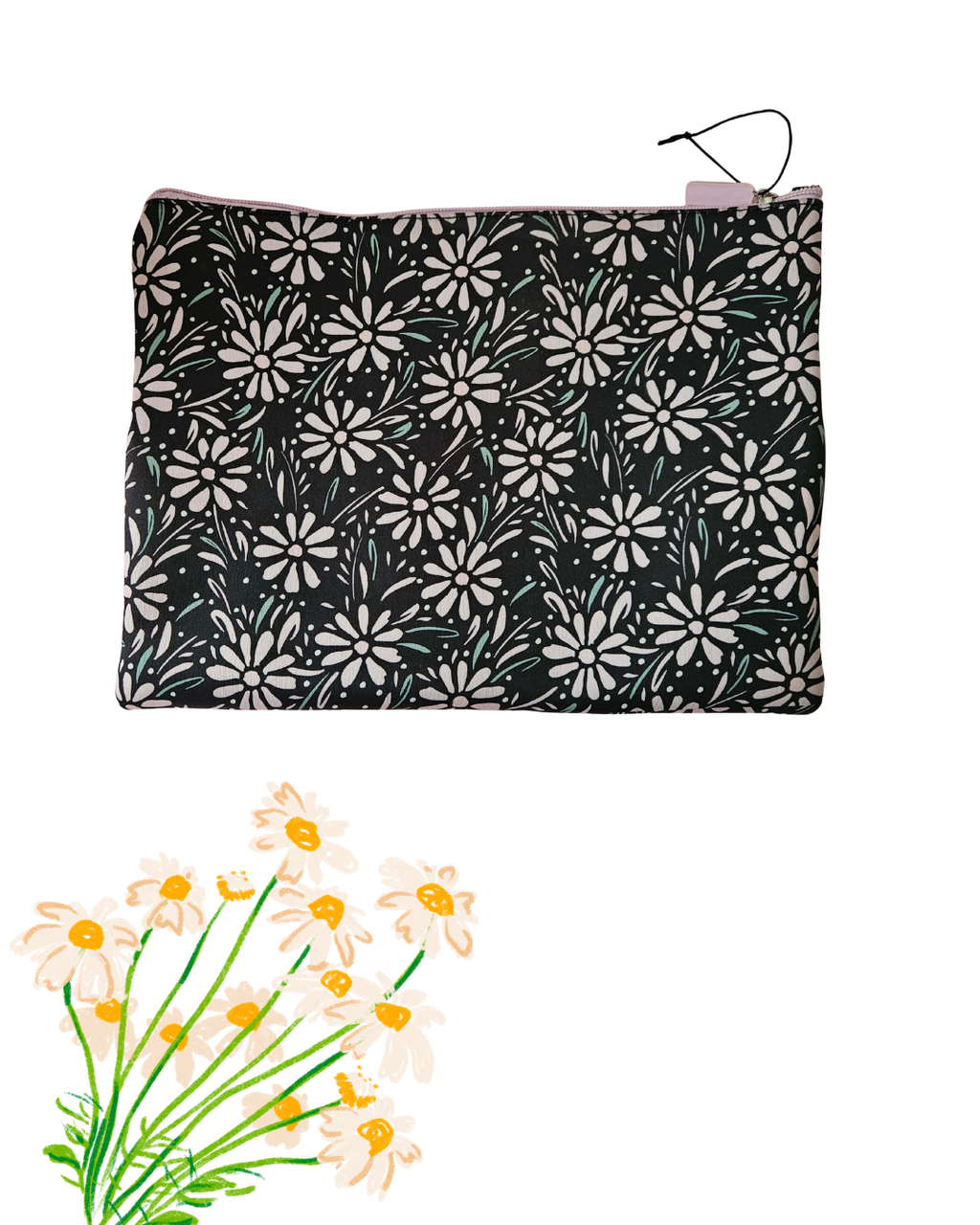 Large Floral Pencil Case with Double Zip | Black & White Daisy Print