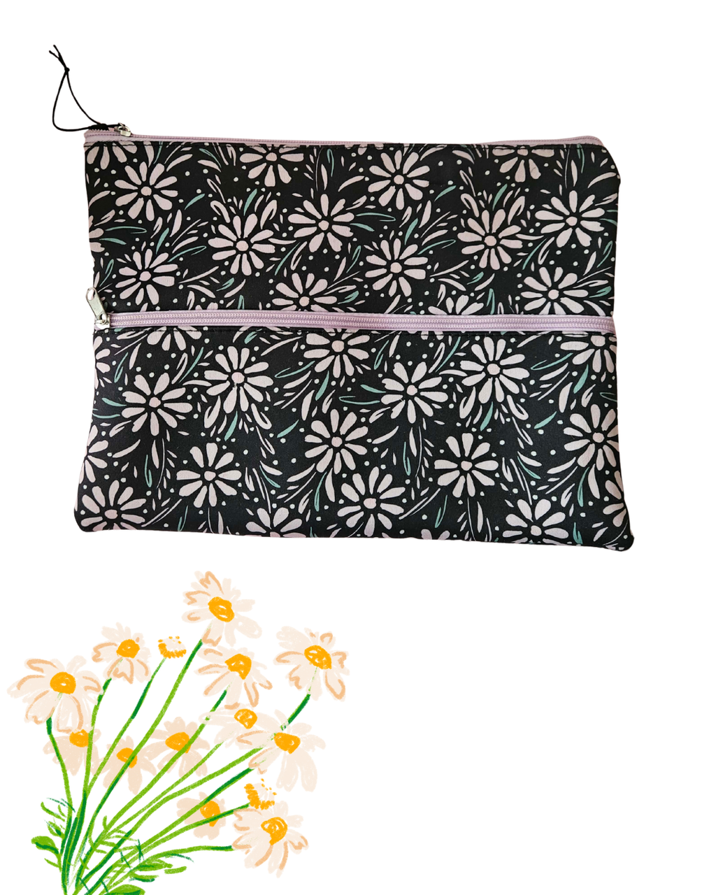Large Floral Pencil Case with Double Zip | Black & White Daisy Print