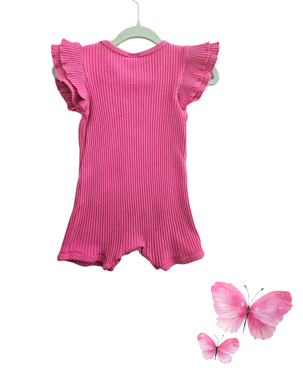 Pink Ribbed Baby Onesie with Frill Sleeves – Size 00 (3–6 Months)