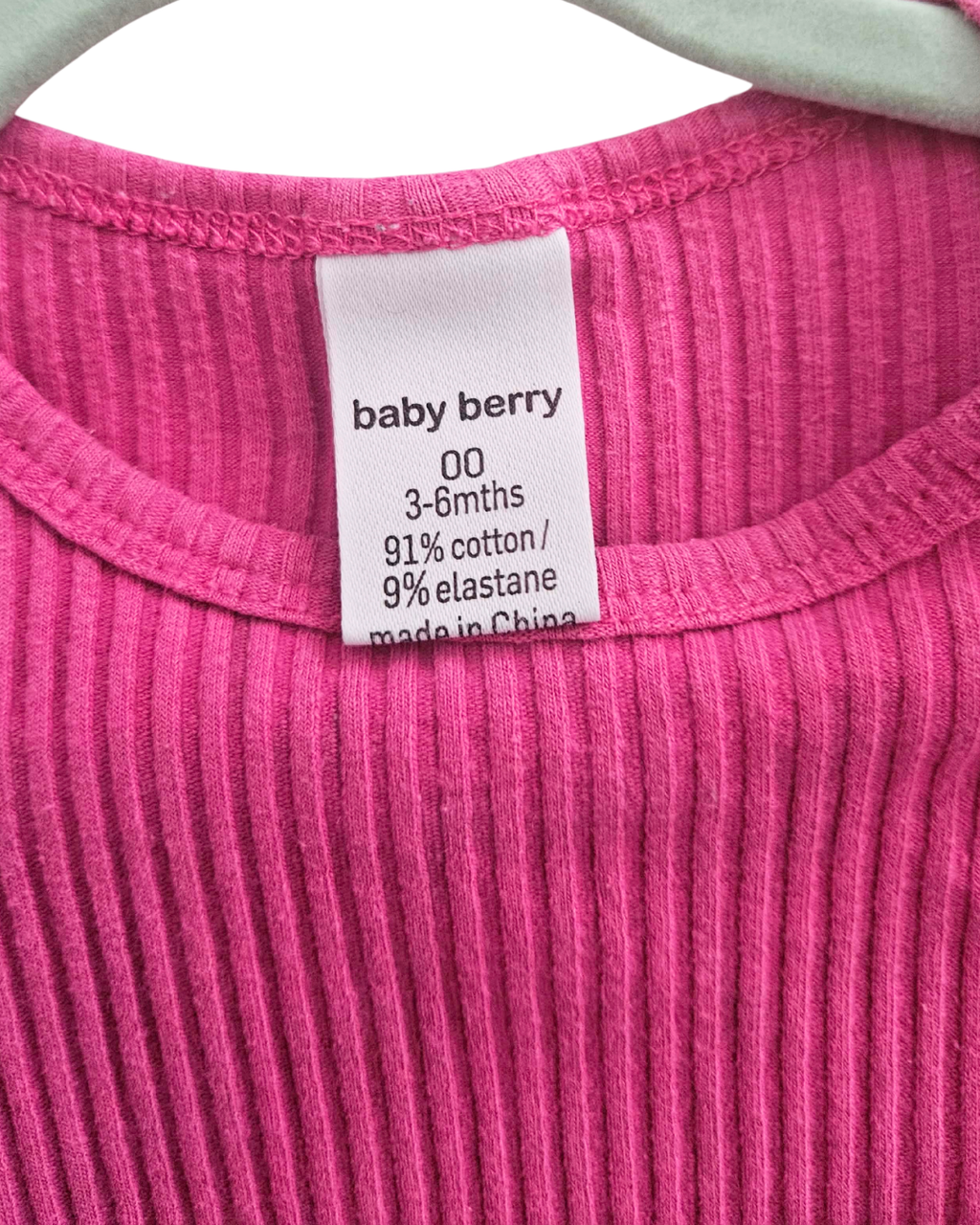Pink Ribbed Baby Onesie with Frill Sleeves – Size 00 (3–6 Months)