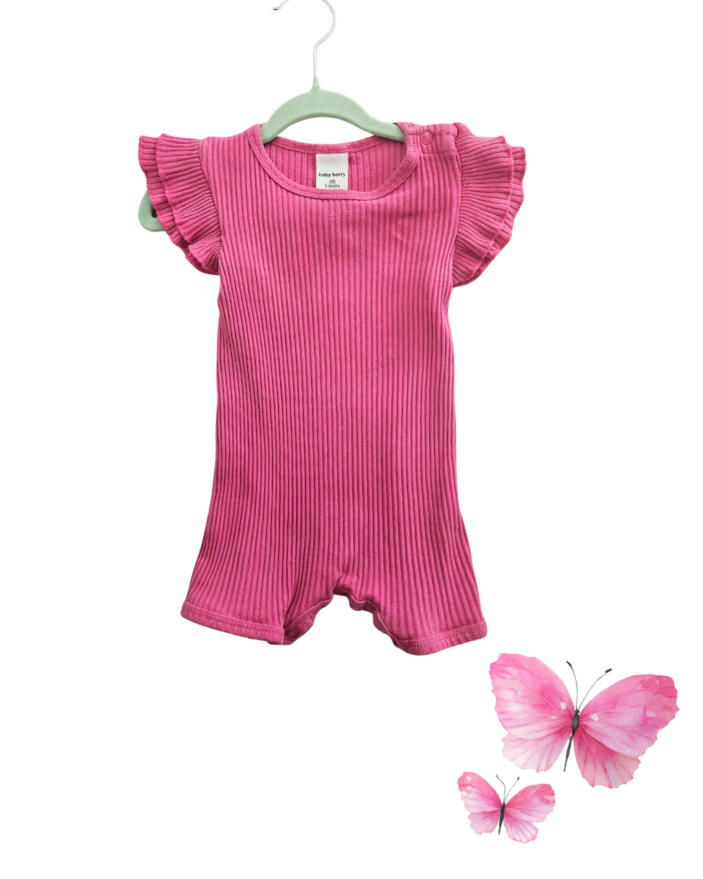 Pink Ribbed Baby Onesie with Frill Sleeves – Size 00 (3–6 Months)
