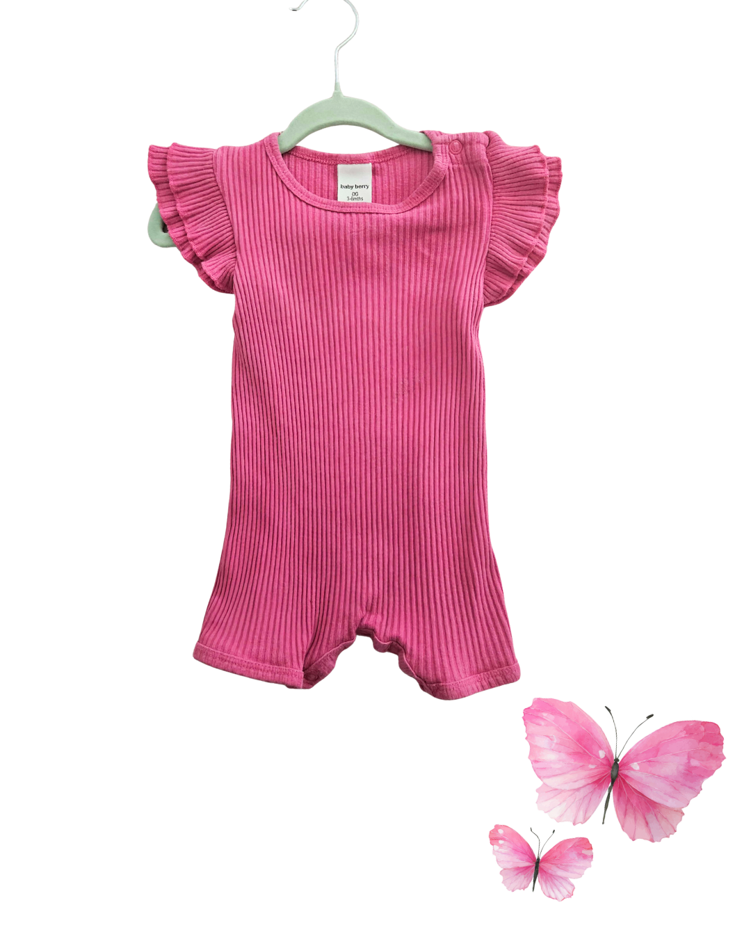 Pink Ribbed Baby Onesie with Frill Sleeves – Size 00 (3–6 Months)