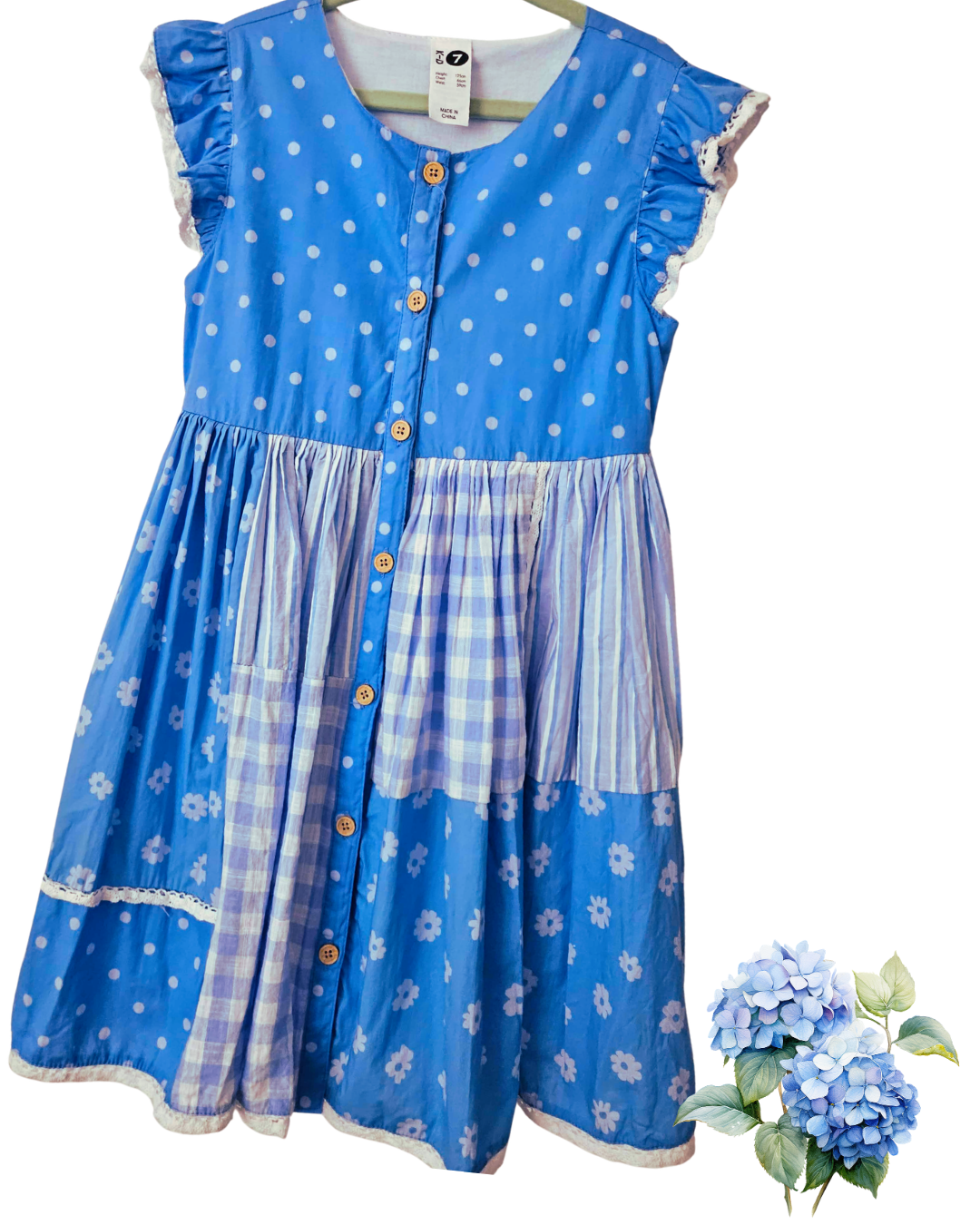 Girls Size 7 Button-Up Dress | Blue Patchwork Cotton Dress | Like New