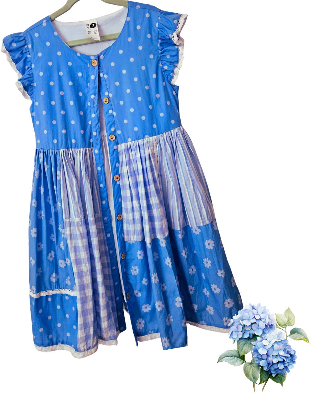 Girls Size 7 Button-Up Dress | Blue Patchwork Cotton Dress | Like New