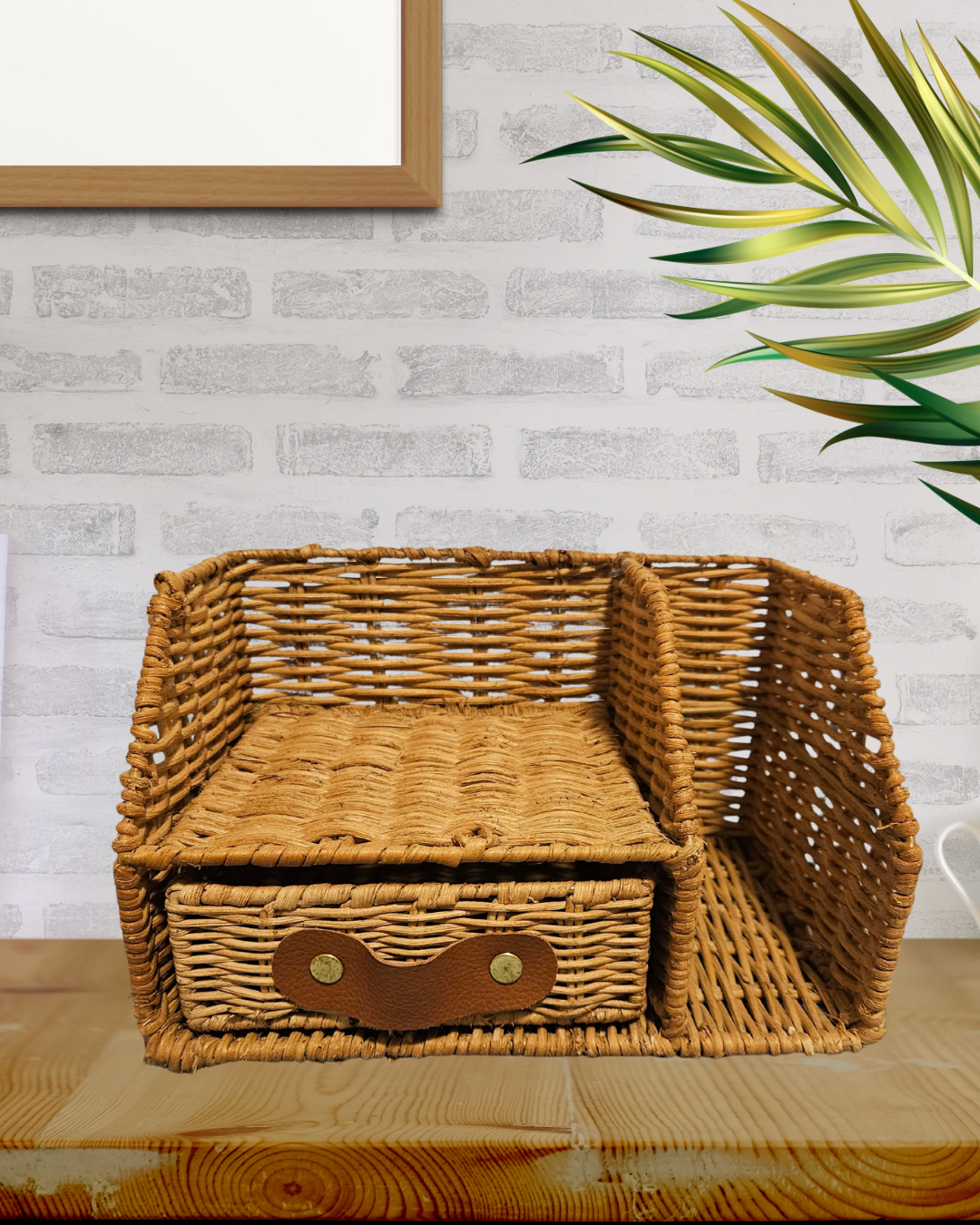 Wicker Desk Organiser with Drawer | Rattan Storage Caddy | Vintage Style Home Office Storage